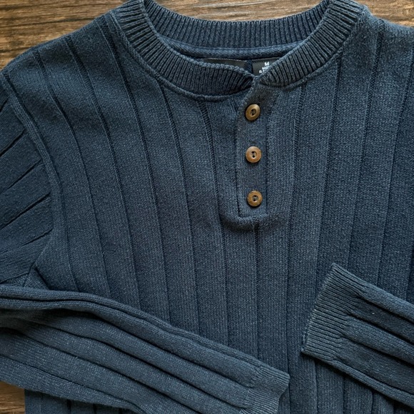 Haggar Other - Haggar Men's Henley Sweater Large Navy Melange Ribbed Knit Long Sleeve Blue